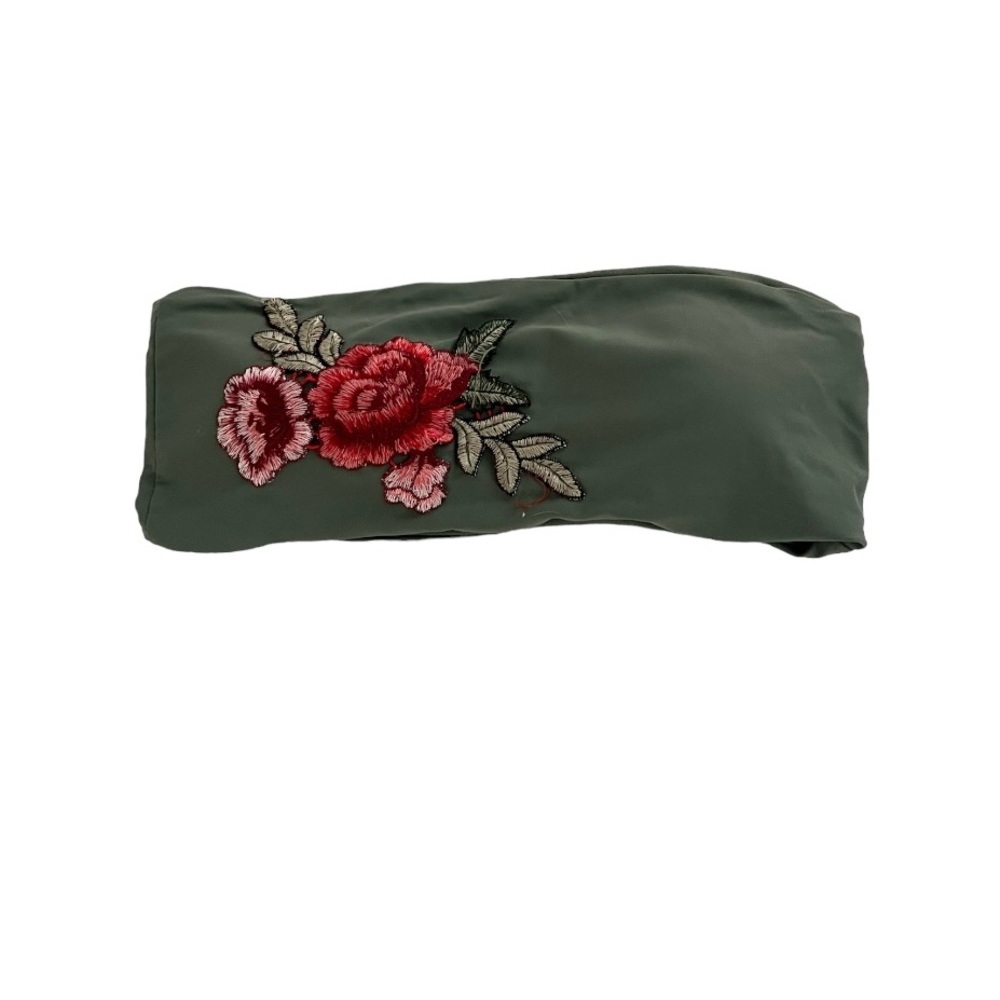 Green rose embroidered strapless bikini swim top